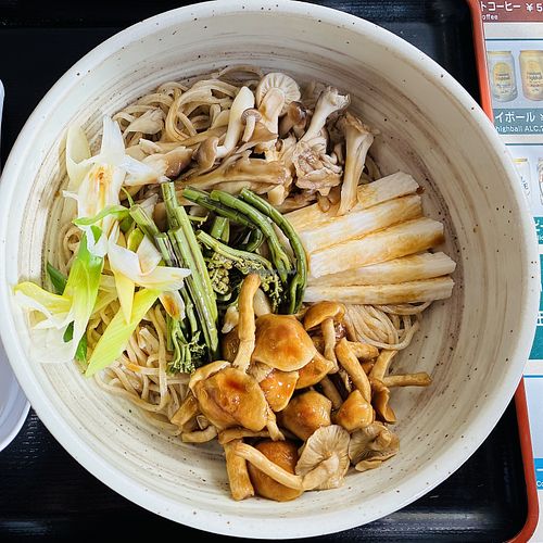 Soba noodles with mountain vegetables and soy sauce.   at Ikemoto Chaya in Yamanashi