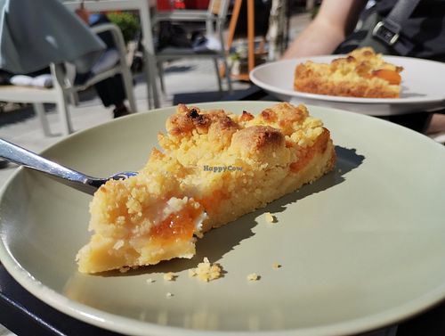 Delicious and fresh vegan apricot cake with crumble topping at Michels Café in Binz