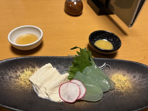 Konjac & tofu skin with Japanese mustardd  at Shikisai gin no to in Beppu