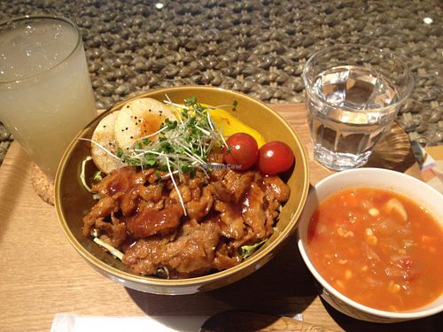 Soup and rice & soy meat bowl at LOVE Pacific Cafe in Nagoya