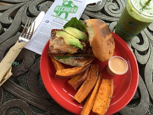 Vegan Gluten Free!!! This Smokey Tempeh Burger was AWESOME!!!! Plus this place has outdoor seating and is dog friendly outside. When in Newport on a nice day this place is the best! at Keenwah Super Food Eatery in Newport