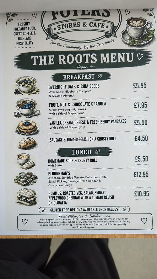 The vegan menu at Foyers Stores, Post Office & Cafe in Inverness