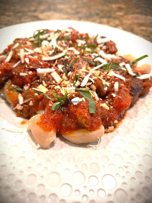 Hand-made Vegan Cavatelli alla Norma topped with house-made cashew cheese at Mondano in Old Forge