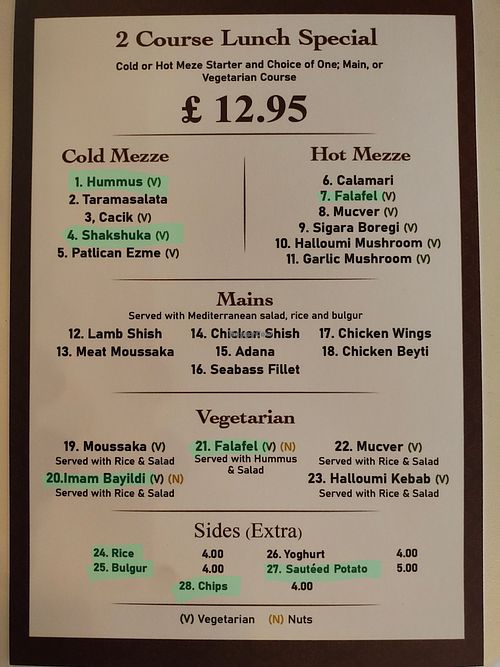 Vegan options highlighted. Vegetarian options are marked with (V). at Kebir Turkish Kitchen in Surbiton