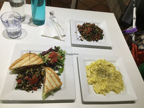 Mac n cheese, chickpea burger and extra delicious rice at The New Vegan in Delray Beach