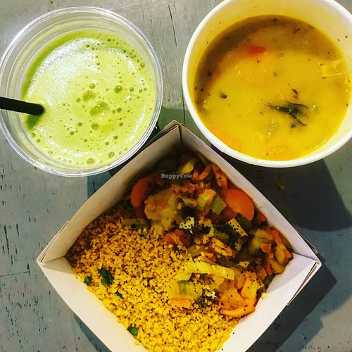 Fresh juice, potato soup, couscous with veg at Zazie in Rome