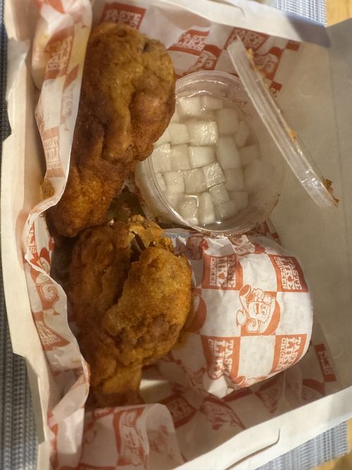 Original meal comes with 2 “chicken” legs (deep fried breaded oyster mushrooms), pickled veggies, rice, and mushroom-based gravy.  at Taste Like Chicken in Baguio City