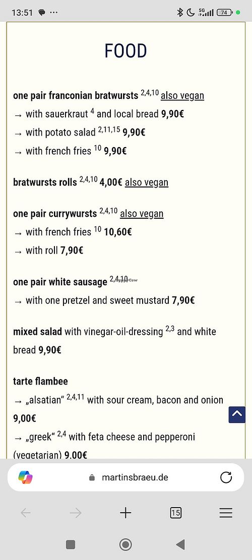 Some of the vegan options at Brauerei Biergarten Martinsbräu in Marktheidenfeld