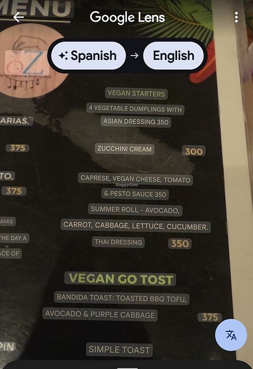 Vegan menu at oZ Fresh Food in Las Terrenas