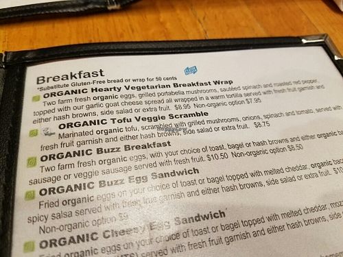 breakfast menu with only one vegan option at Buzz Cafe in Oak Park