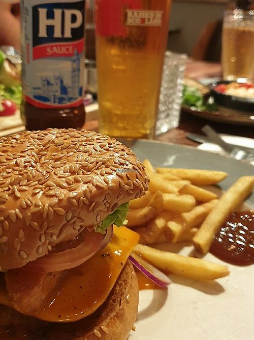 Vegan burger with fries at Caledonian Hotel in Leven