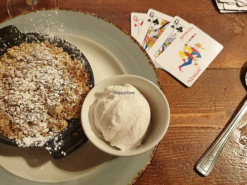 Vegan apple crumble with vanilla ice cream at Caledonian Hotel in Leven