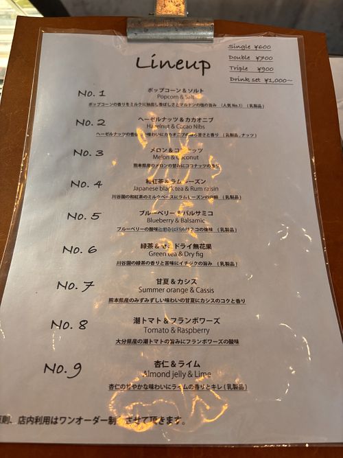 Menu  at Gelato 9. in Tokyo
