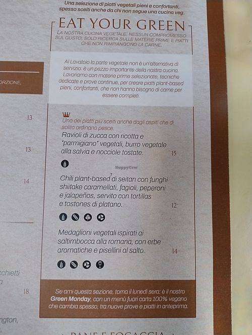 vegan part of the menu with mention of fully vegan Mondays at Il Lavatoio Bistrot in Santarcangelo Di Romagna