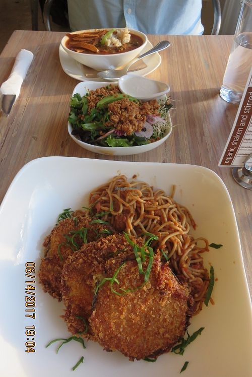 eggplant pomodoro, gumbo, salad at Seed - Faubourg Lafayette in New Orleans