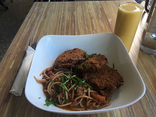 Vegan pasta with fried eggplants - weird combination. at Seed - Faubourg Lafayette in New Orleans