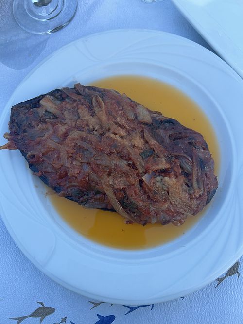 Stuffed Aubergine with Tomatoes and Onions  at Estiatório Antónis - Εστιατόριο Αντώνης in Elafonisos