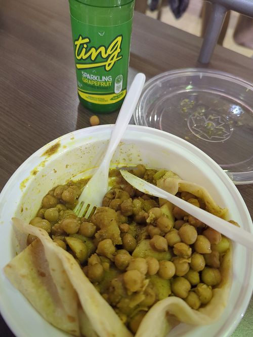 Regular size chickpea roti with a ting at Tropical Joes in Toronto