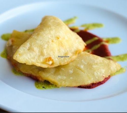 Tomato masa empanadas stuffed with asparagus, mushrooms and jalapeno, with poblano salsa. This was the Dos Perros appetizer during the 2016 Bull City Vegan Chef Challenge. at Dos Perros in Durham