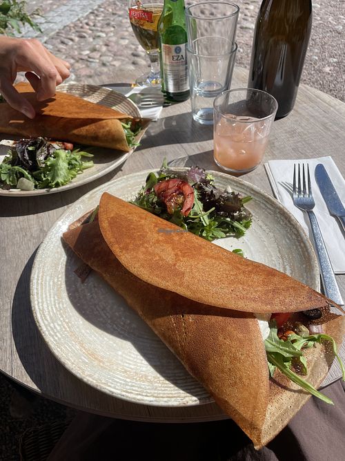 Vegan galette with avocado, olives, artichoke, tomato, chickpeas and oat cream   at Crêperie Avli in Uppsala