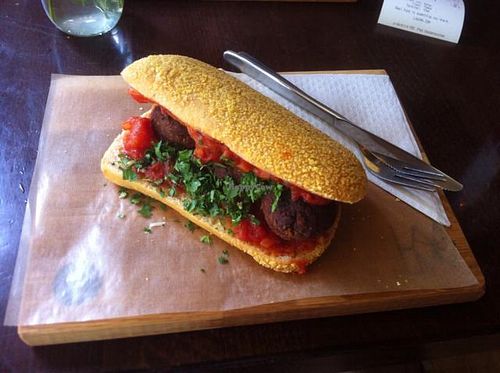 Mr. Bean - black bean balls and tomato sauce on ciabatta at Laauma in Berlin