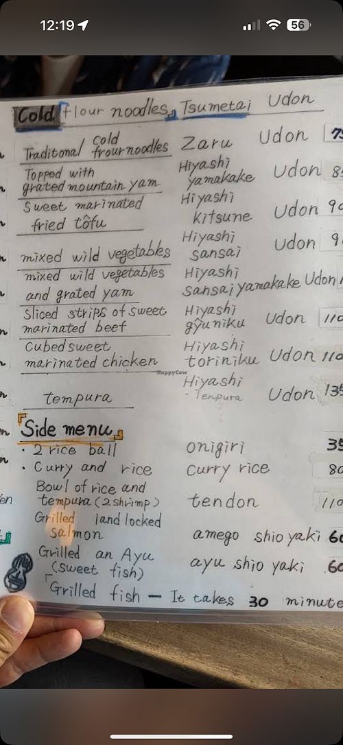 Cold udon options  at Senkichi in Miyoshi
