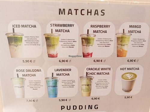 matcha menu with 6 vegan options (vegan label next to price indicates it is vegan or can be made vegan) at Dr. Smusy in Cologne