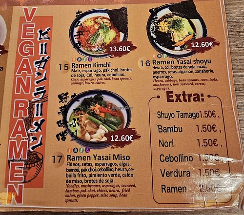 Vegan menu at Buga Ramen in Santander