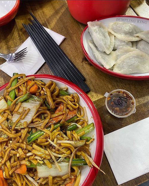 Noodles and steamed veggie dumplings   at Dumpling King in Adelaide