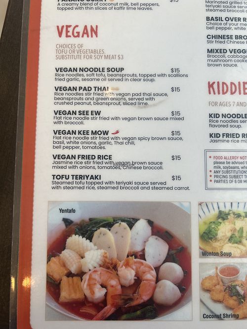 Vegan section of menu  at Venice Noodles in Los Angeles