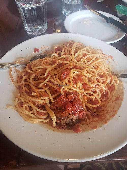 Three very large Impossible Meat meatballs. Very well spiced and the tomato sauce was tasty with big chunks of tomato. Plenty of leftovers from a huge serving. at The Old Spaghetti Factory in Banff