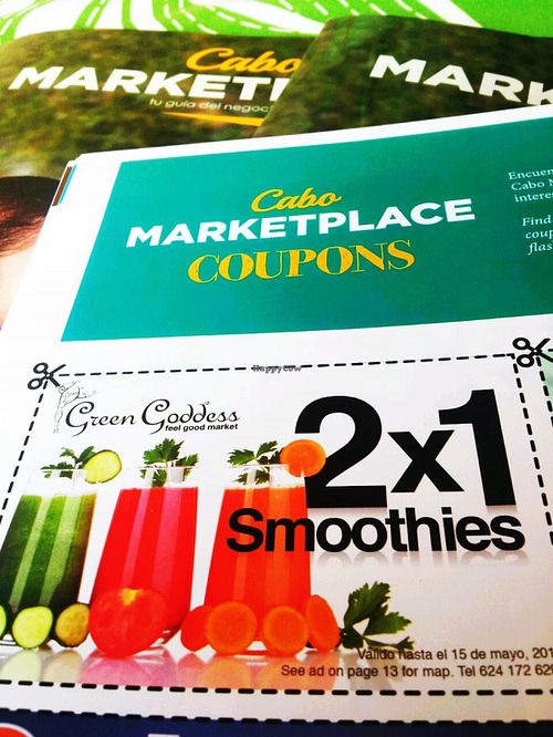 2X1 coupon found in the CABO MARKETPLACE magazine at Green Goddess Feel Good Market in San Jose Del Cabo