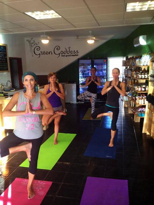 weekly morning yoga! at Green Goddess Feel Good Market in San Jose Del Cabo
