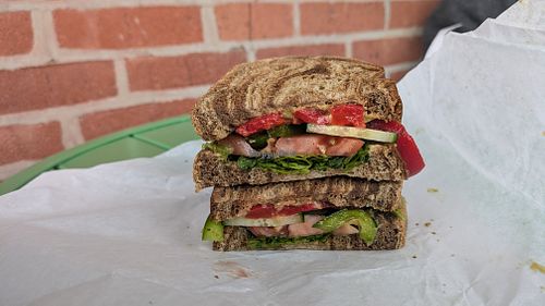 The Cameron:  Roasted Red Bell Pepper, Arugula, Cucumber, Tomato, Green Bell Pepper, Hummus, and Avocado Spread(added) on Marble Rye. REMOVE SWISS! at The Market  in Winchester