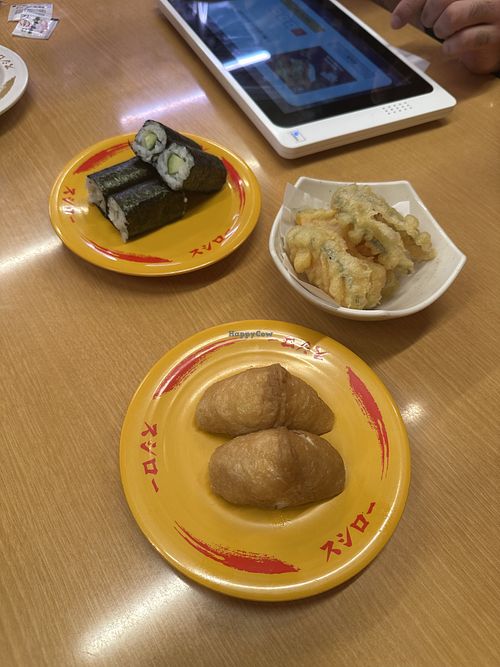 Cucumber maki, pumpkin tempura, tofu inari   at Sushiro  in Toyooka