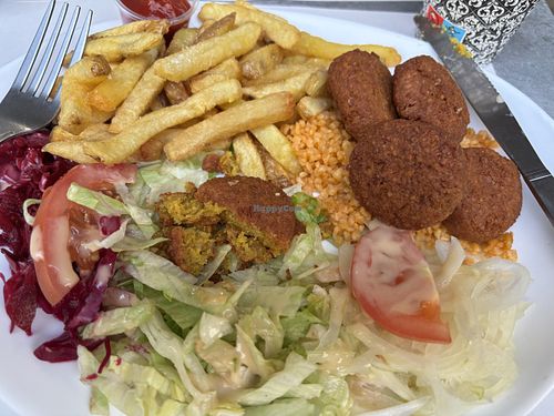 Falafel plate, fries, bulgur wheat, and salad  at Galatasaray Kebab in Arras