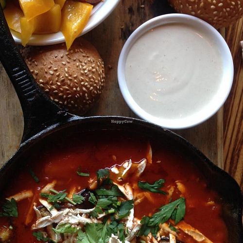 Vegan Shakshouka with Tehina and Salad at Cafe Landwer - Ibn Gavirol in Tel Aviv