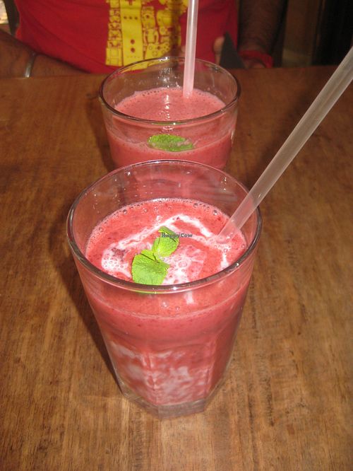 Raspberry almond milkshake at Junk Food Cafe in Brno