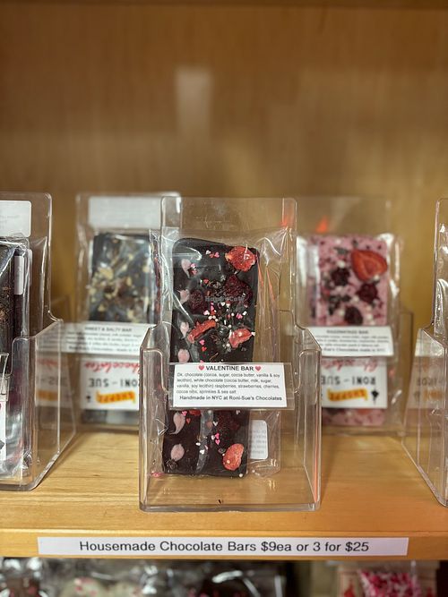 Orange You Glad Bar, Strawberry Shortcake bar, Mocha Crunch Bar, Razzle Dazzle Bar, & other seasonal favorites at Roni-Sue's Chocolates in New York City