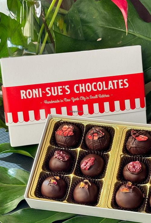 Selection of handmade vegan truffles--may contain passion fruit, blackout, raspberry, sour cherry, strawberry rhubarb, mint, chocolate/strawberry, raspberry/pistachio hearts, etc at Roni-Sue's Chocolates in New York City