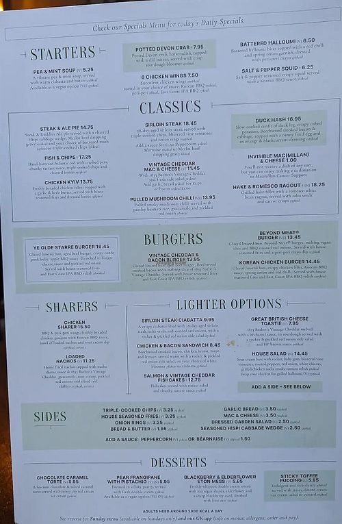 menu  at Ye Olde Starre Inne  in York