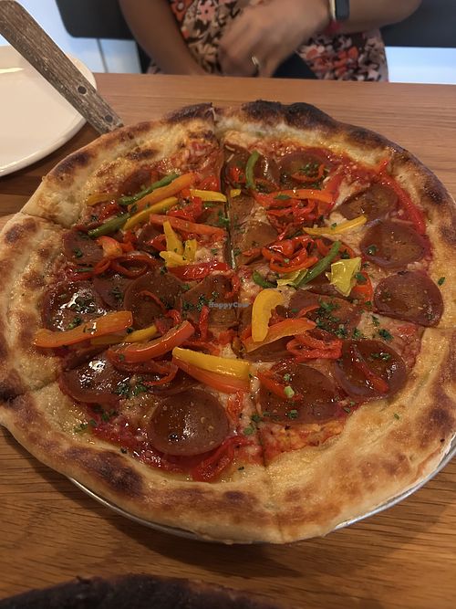Vegan pepperoni and pepperss  at Harvest Pizzeria - Brewery District in Columbus