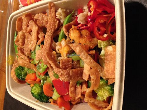 Tofu bowl with brown rice, Holy Foobanero sauce, wok glazed veggies, Fresno Chiles, crispy shallots, and crispy wonton wrappers (The crispy wonton wrappers have been discovered to contain eggs. Do not let the workers tell you otherwise!) at Foosia Asia Fresh in Scottsdale