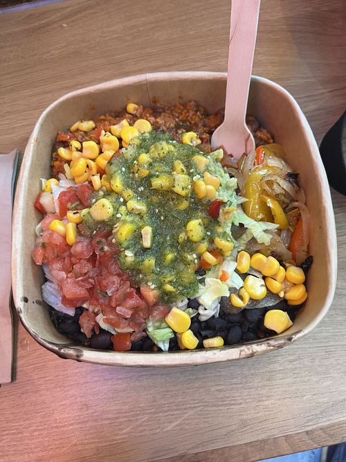 Bowl with vegan ingredients  at STN - Tortilla - T1 in Stansted