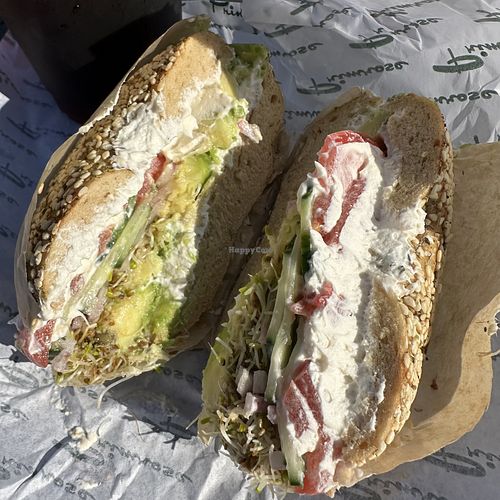 Veggie Bagel Classic Sandwich with Vegan Cream Cheese on a Za’atar Bagel at Primrose Bagel Co in Toronto