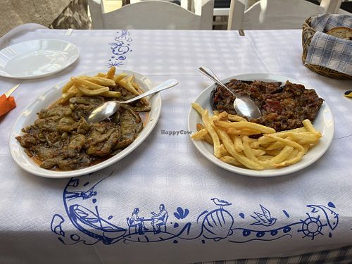 Green beans in red sauce (left); stuffed aubergines (right)  at Kaixis Mermaid Restaurant in Preveza