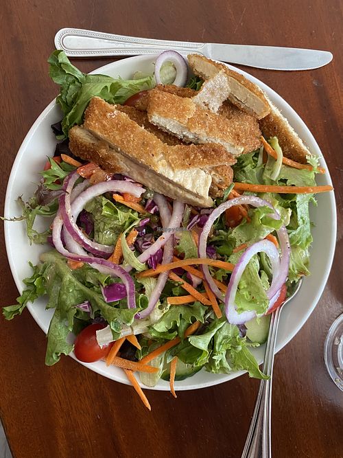 Lebanon Greens with vegan chick*n  at Willimantic Brewing and Main Street Cafe in Willimantic
