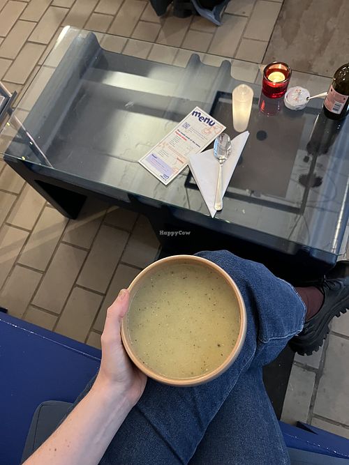 Soup of the day: a comfy bowl of plant based potato cauliflower pesto soup during DDW.   at Community Square in Eindhoven