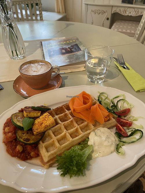 Waffle with tofu and cappuccino  at Teehuone Taigahetki in Kemijaervi