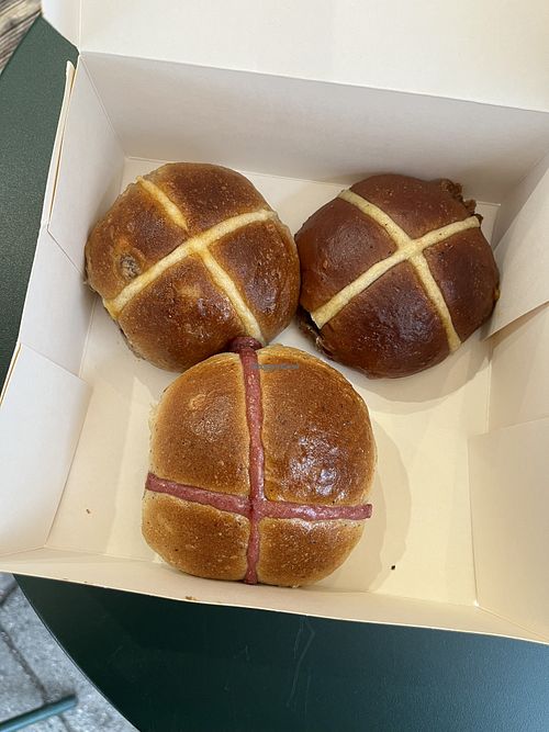 3 different flavours of hot cross buns   at Brotraum in Munich